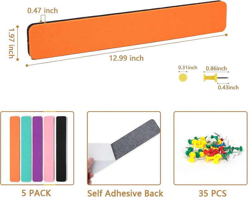 Arlasuo 5 Pack Felt Pin Board Bar Strips Bulletin Board for Bedrooms Offices Home Wall Decoration, Notice Board Self Adhesive Cork Board with 35 Push Pins for Paste Notes, Photos, Schedules (Multi-Color) - Image 4